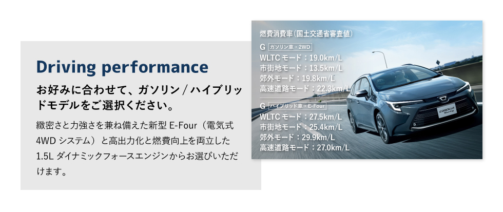 Driving performance　お好みに合わせて、ガソリン/ハイブリッドモデルをご選択ください。